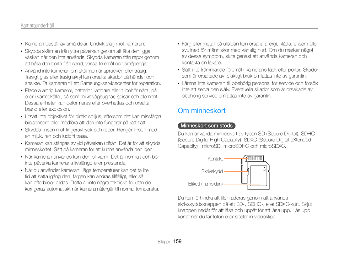 Samsung EC-WB850FBPBE2 manual Om minneskort, Minneskort som stöds , Kameran består av små delar. Undvik slag mot kameran 